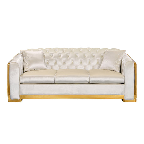 Velvet Luxury Chesterfield Sofa Set, 84 Inches Tufted 3 Seat Couch with Gold Stainless for Living Room, Beige Fabric - Home Elegance USA