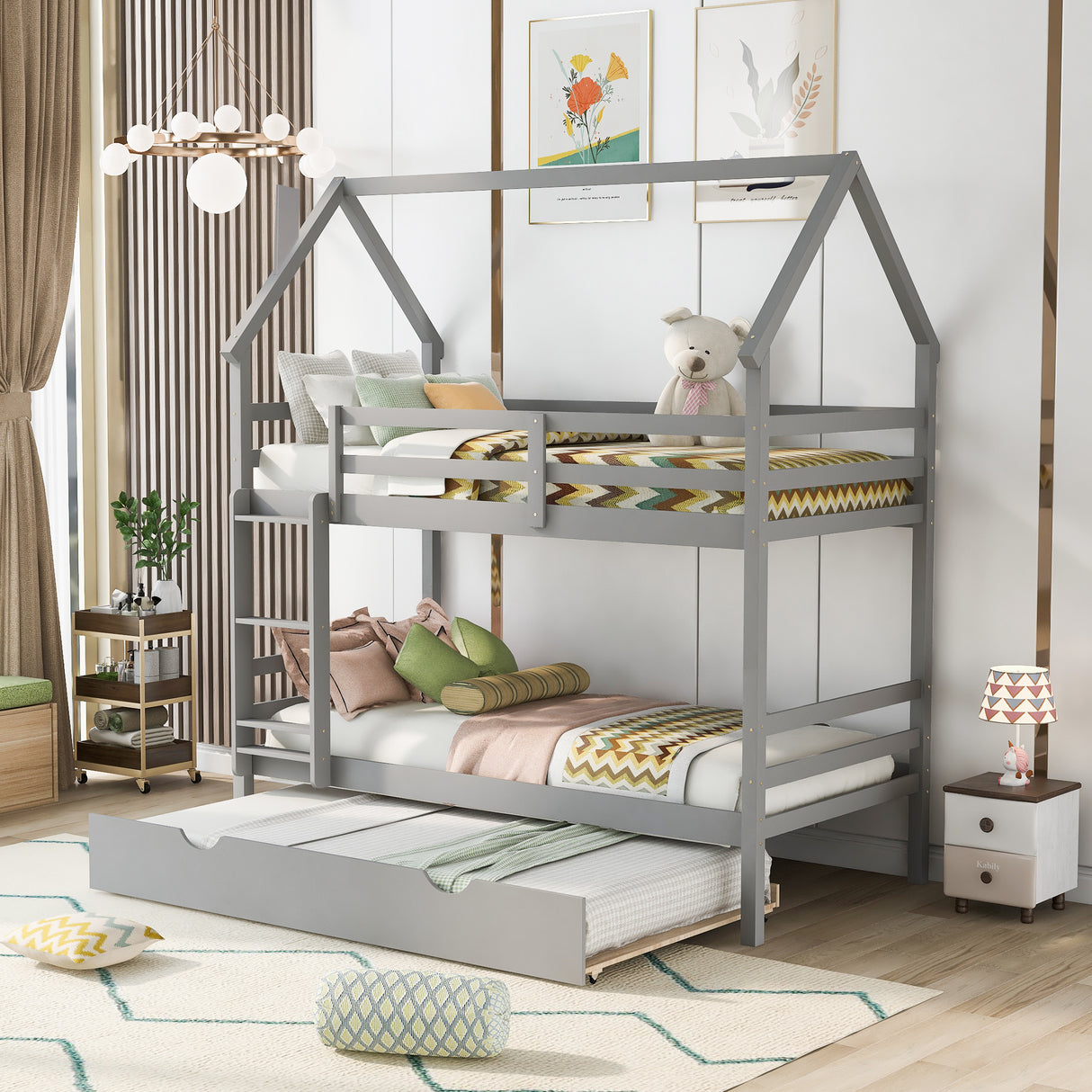 Twin over Twin House Bunk Bed with Trundle and Chimney Design,Gray - Home Elegance USA