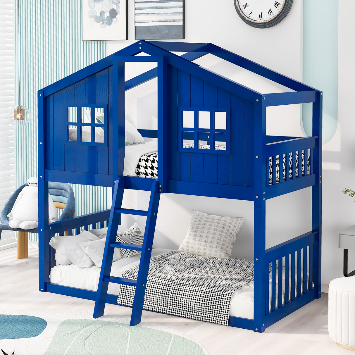 Twin Over Twin House Bunk Bed With Ladder, Wood Bed-Blue - Home Elegance USA