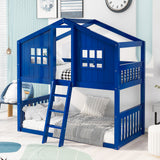 Twin Over Twin House Bunk Bed With Ladder, Wood Bed-Blue - Home Elegance USA