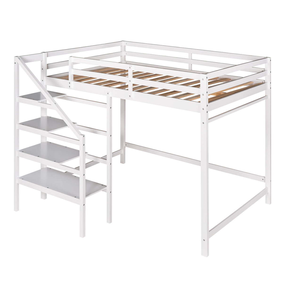 Full Size Loft Bed with Built-in Storage Staircase and Hanger for Clothes,White - Home Elegance USA