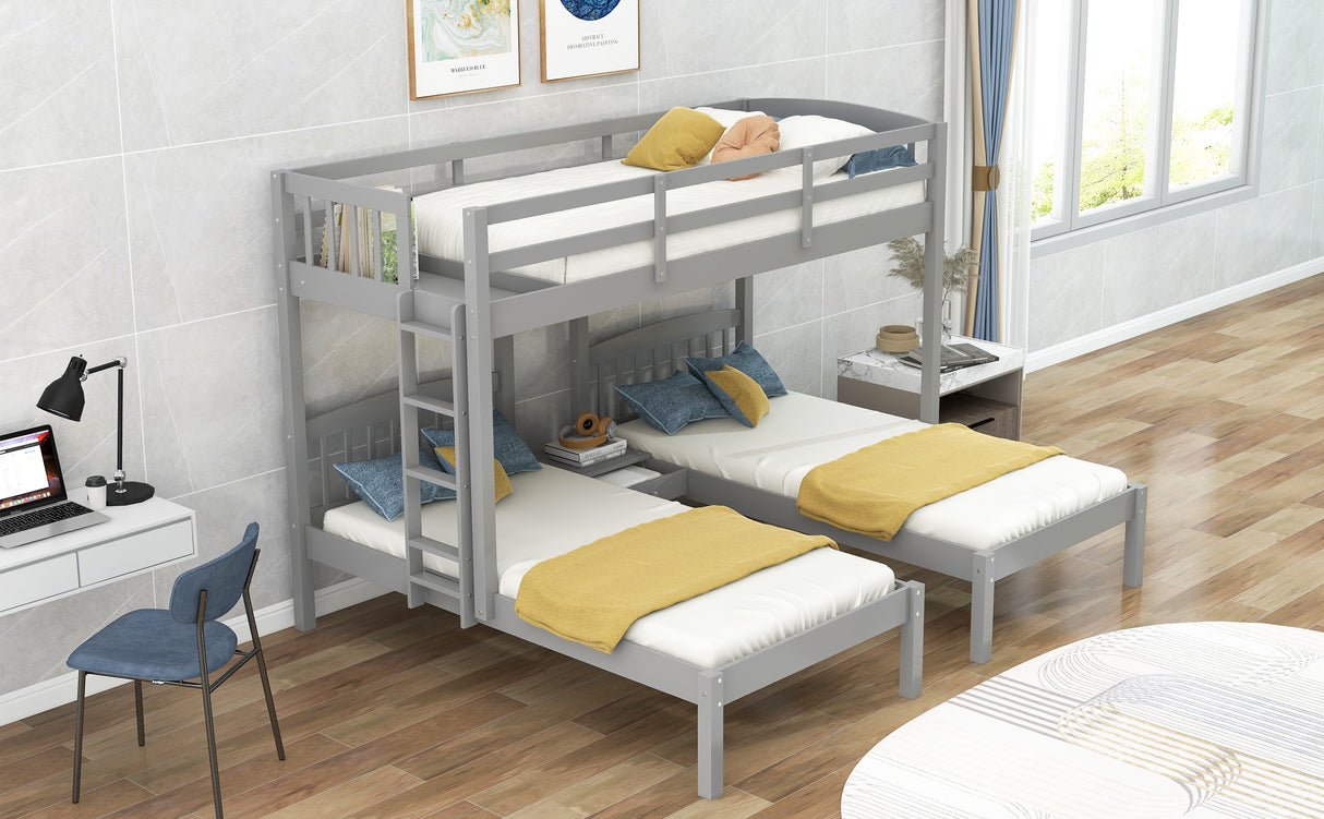 Twin over Twin & Twin Bunk Bed with Built-in Middle Drawer, Gray - Home Elegance USA