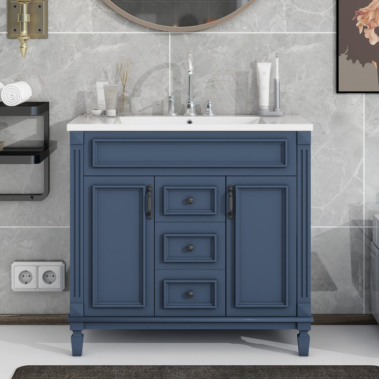 36'' Bathroom Vanity with Top Sink, Royal Blue Mirror Cabinet, Modern Bathroom Storage Cabinet with 2 Soft Closing Doors and 2 Drawers, Single Sink Bathroom Vanity