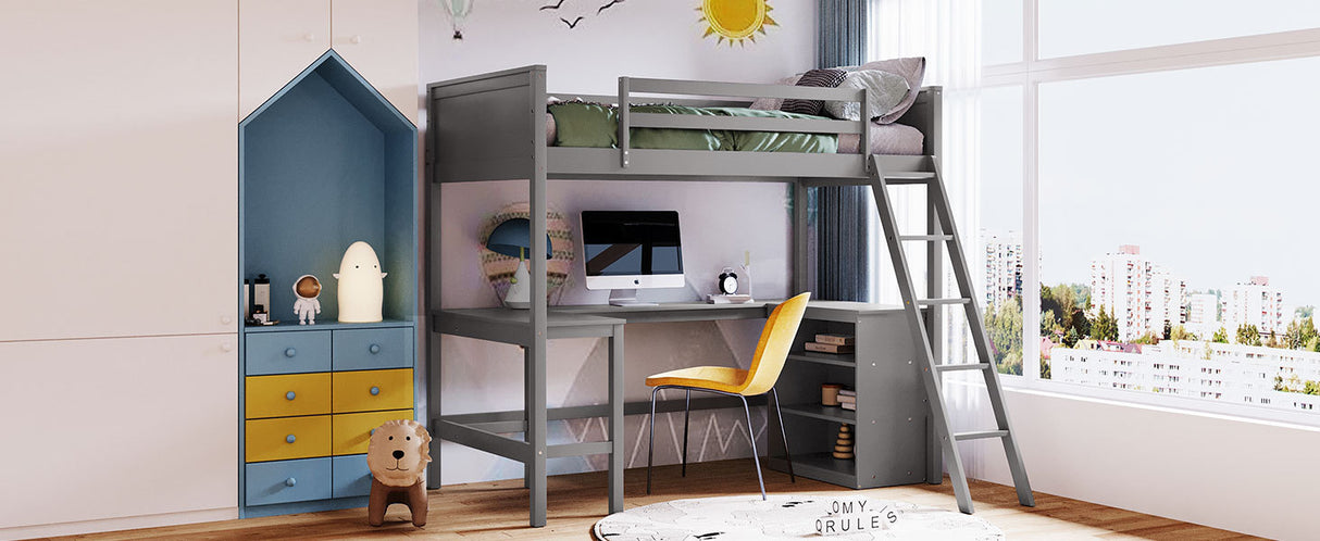 Twin size Loft Bed with Shelves and Desk, Wooden Loft Bed with Desk - Gray(OLD SKU:LT000537AAE) - Home Elegance USA