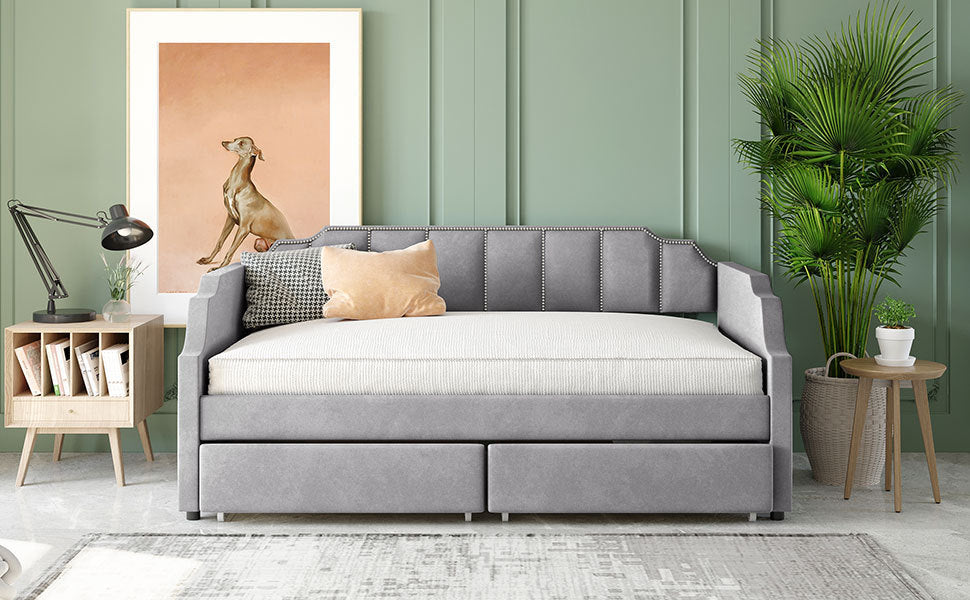 Twin Size Upholstered daybed with Drawers, Wood Slat Support, Gray Home Elegance USA