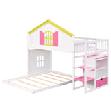 Twin over Full House Bunk Bed with Pink Staircase and Drawer,  Shelves Under the Staircase, House Shaped Bed with Windows, White - Home Elegance USA