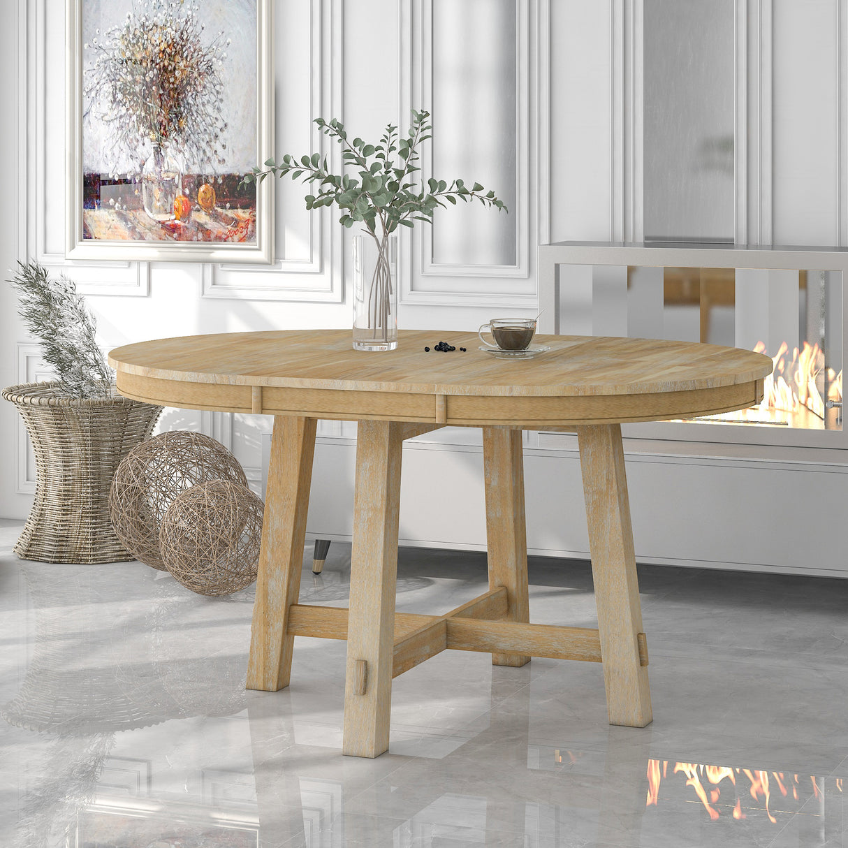 TREXM Farmhouse Round Extendable Dining Table with 16" Leaf Wood Kitchen Table (Natural Wood Wash) - Home Elegance USA