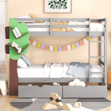 Twin-Over-Twin Bunk Bed with  a Tree Decor and Two Storage Drawers, Gray - Home Elegance USA