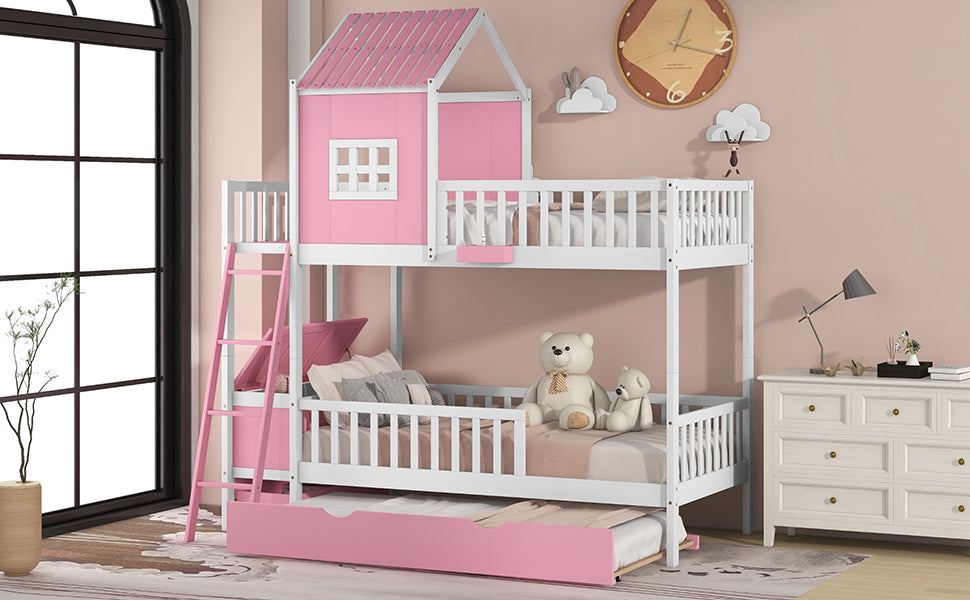 Twin over Twin Bunk Bed with Twin Size Trundle , Farmhouse Bed with Storage Box and Drawer - Pink - Home Elegance USA