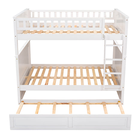 Full Over Full Bunk Bed with Twin Size Trundle, Pine Wood Bunk Bed with Guardrails, White （Old SKU:LP000044AAK）