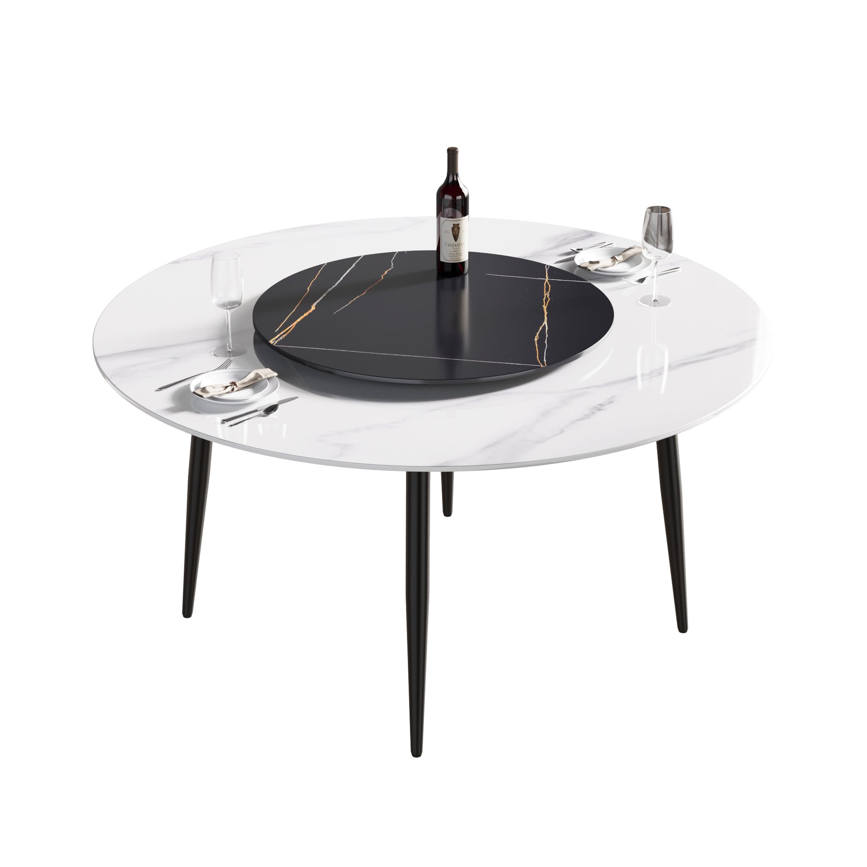 59.05"Modern artificial stone round black metal dining table - can accommodate 6 people - 31.5"black artificial stone turntable - W1535S00016 - image - 8