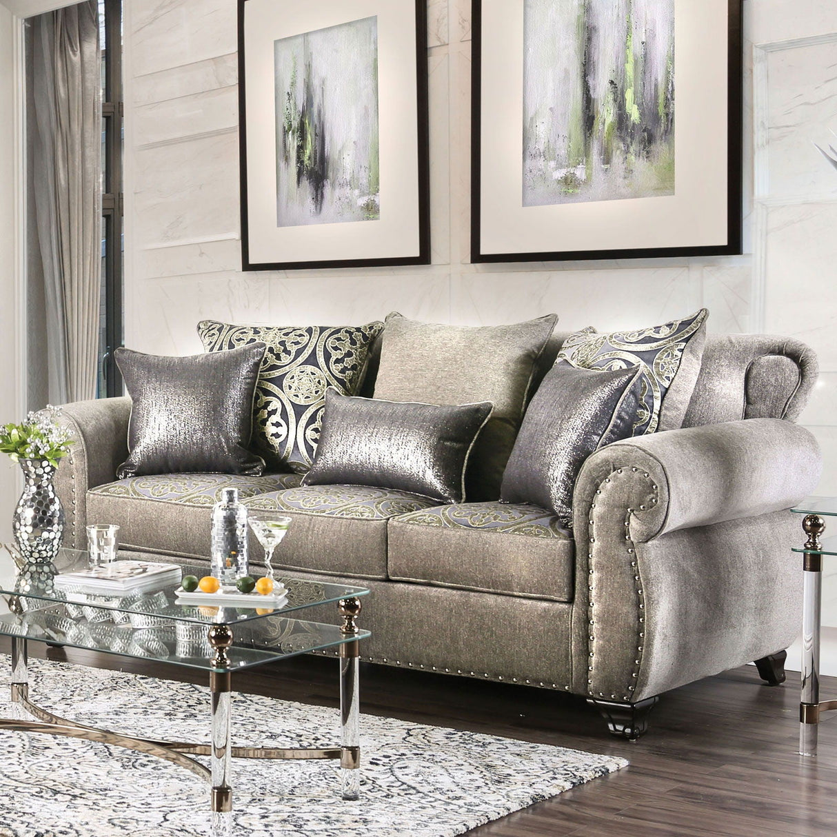 Sinatra - Sofa & Loveseat - Gray / Champagne - Home Elegance USA