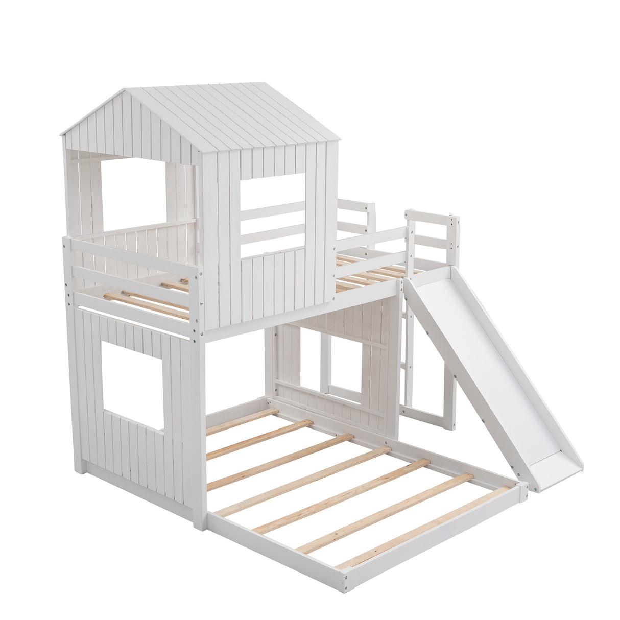 Wooden Twin Over Full Bunk Bed, Loft Bed with Playhouse, Farmhouse, Ladder, Slide and Guardrails, White(OLD SKU :LT000028AAK) - Home Elegance USA