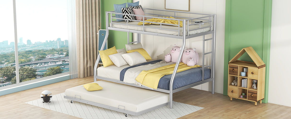 Twin over Full Bed with Sturdy Steel Frame, Bunk Bed with Twin Size Trundle, Two-Side Ladders, Silver