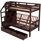 Twin over Full Bunk Bed with Two Drawers and Staircase, Down Bed can be Converted into Daybed,Espresso Home Elegance USA