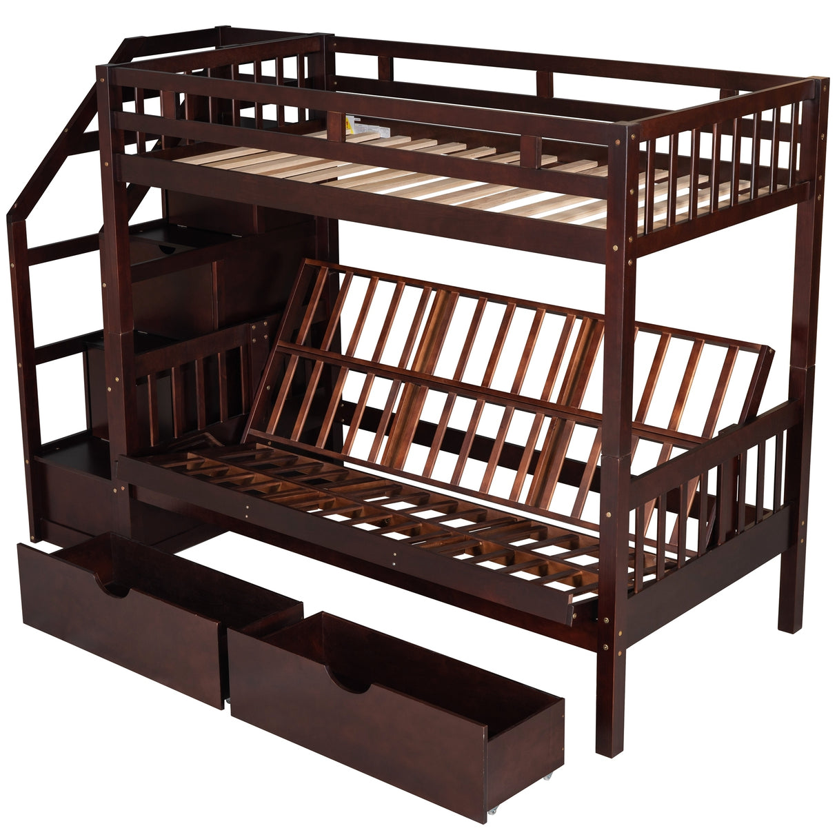Twin over Full Bunk Bed with Two Drawers and Staircase, Down Bed can be Converted into Daybed,Espresso - Home Elegance USA
