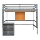 Full size Loft Bed with Desk and Writing Board, Wooden Loft Bed with Desk & 2 Drawers Cabinet- Gray - Home Elegance USA