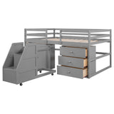 Full Size Functional Loft Bed with Cabinets and Drawers, Hanging Clothes at the back of the Staircase, Gray - Home Elegance USA