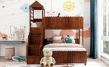 Stairway Twin Over Full Bunk Bed, House Bed with Two Shelves and Seven Drawers,Walnut - Home Elegance USA