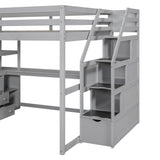 Full Size Loft Bed with Desk and Shelves, Two Built-in Drawers, Storage Staircase, Gray