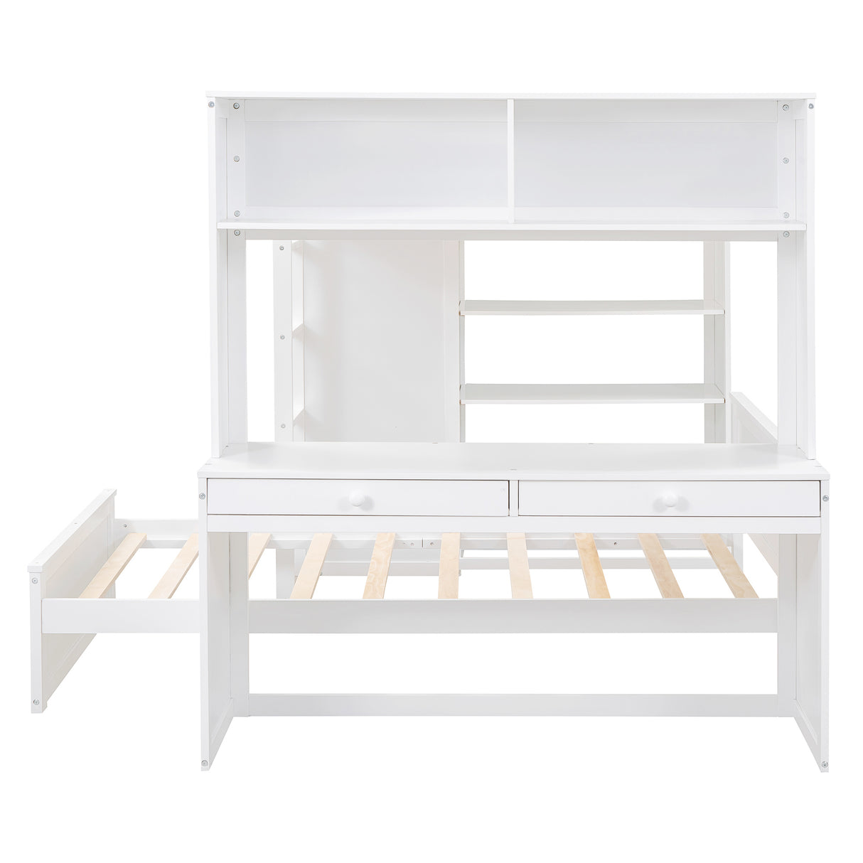 Full size Loft Bed with a twin size Stand-alone bed, Shelves,Desk,and Wardrobe-White - Home Elegance USA