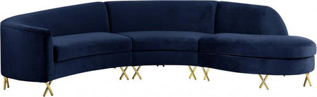 Meridian Furniture - Serpentine 3 Piece Sectional Velvet In Navy - 671Navy-Sectional