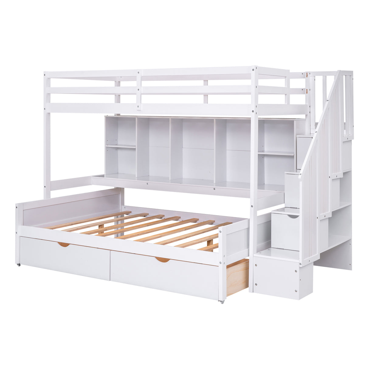 Twin XL over Full Bunk Bed with Built-in Storage Shelves, Drawers and Staircase,White - Home Elegance USA