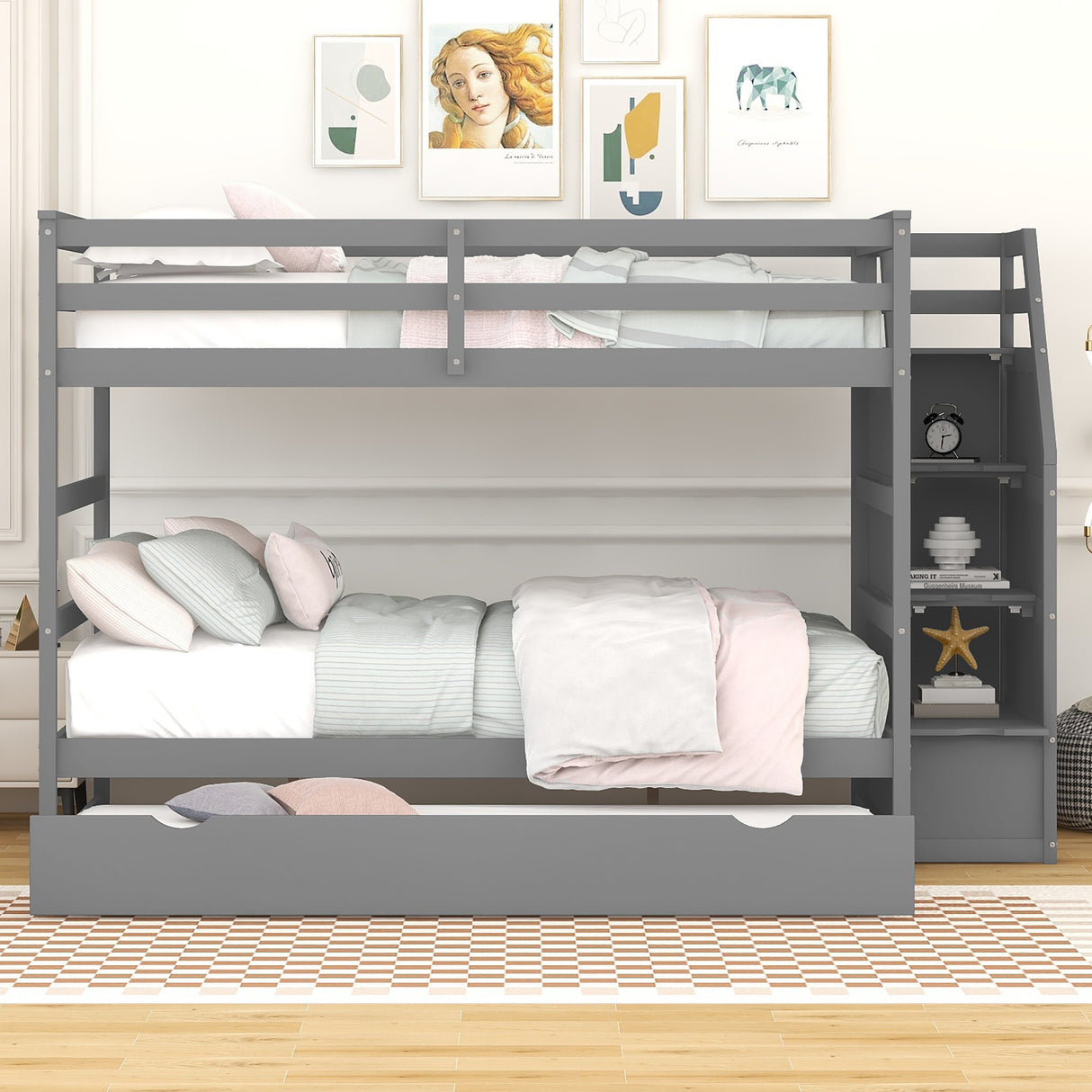 Full-over-Full Bunk Bed with Twin Size Trundle and 3 Storage Stairs,Gray - Home Elegance USA