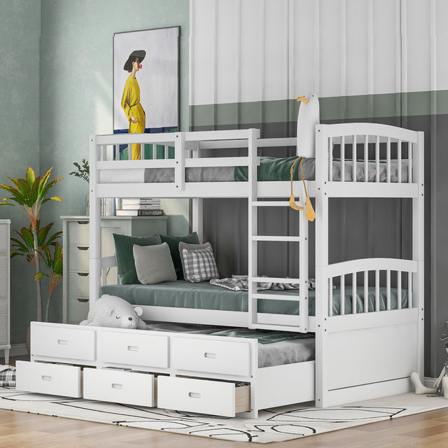 Twin over Twin Wood Bunk Bed with Trundle and Drawers,White - Home Elegance USA