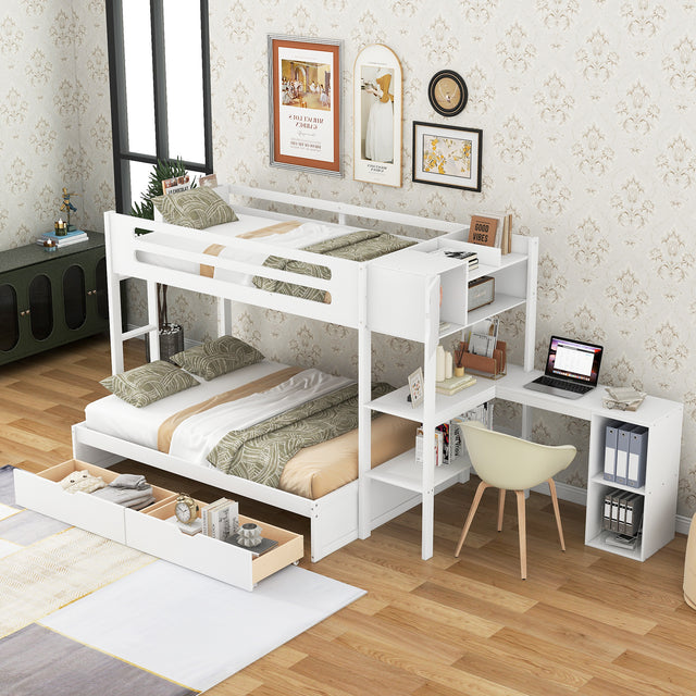 Wood Twin over Full Bunk Bed with Drawers, Shelves, Cabinets, L-shaped Desk and Magazine Holder, White - Home Elegance USA