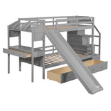 Twin over Twin Bunk Bed with Storage Staircase, Slide and Drawers, Desk with Drawers and Shelves, Gray - Home Elegance USA