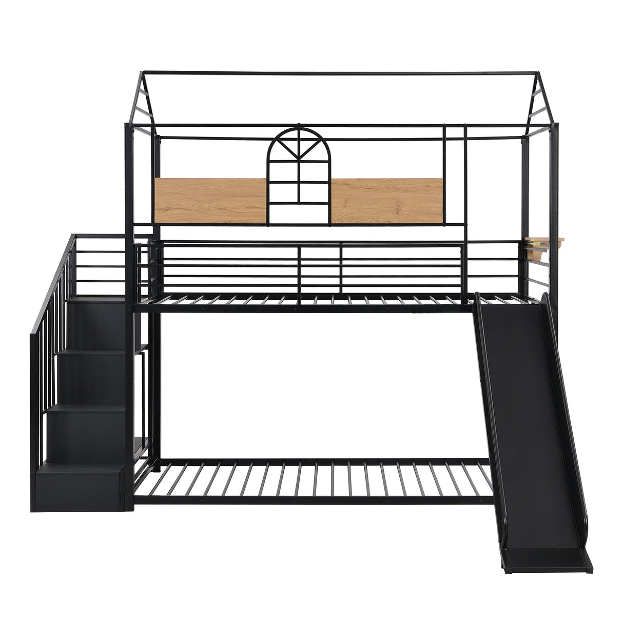 Twin Over Twin Metal Bunk Bed ,Metal Housebed with Slide and Storage Stair,Black with Black Slide(OLD SKU:LP000195AAB) - Home Elegance USA