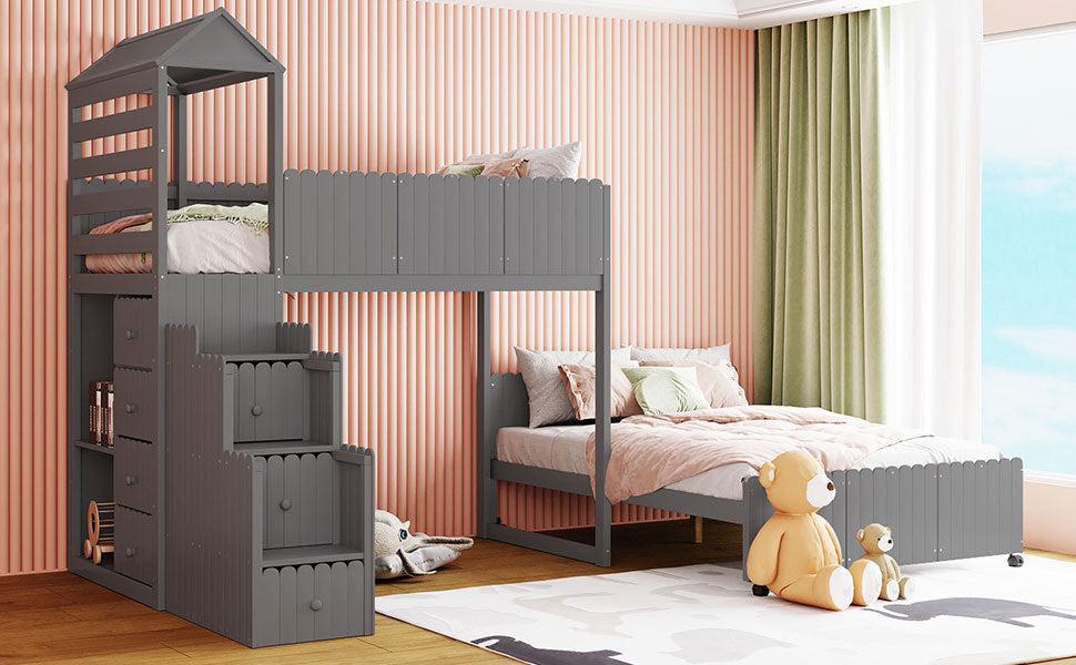 Stairway Twin Over Full Bunk Bed, House Bed with Two Shelves and Seven Drawers,Gray - Home Elegance USA