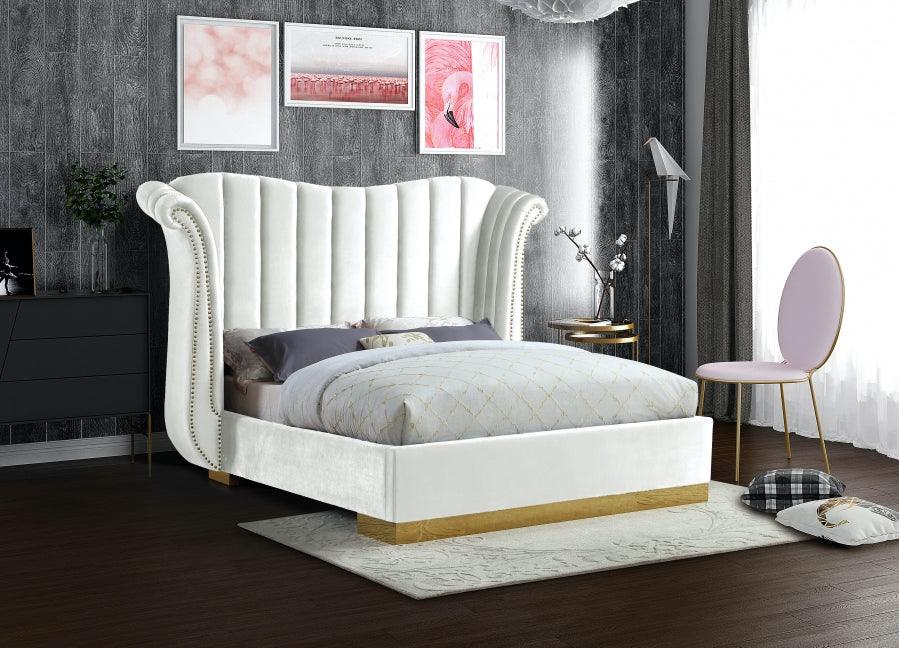 Meridian Furniture - Flora Velvet Queen Bed In White - Florawhite-Q