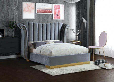 Meridian Furniture - Flora Velvet Queen Bed In Grey - Floragrey-Q