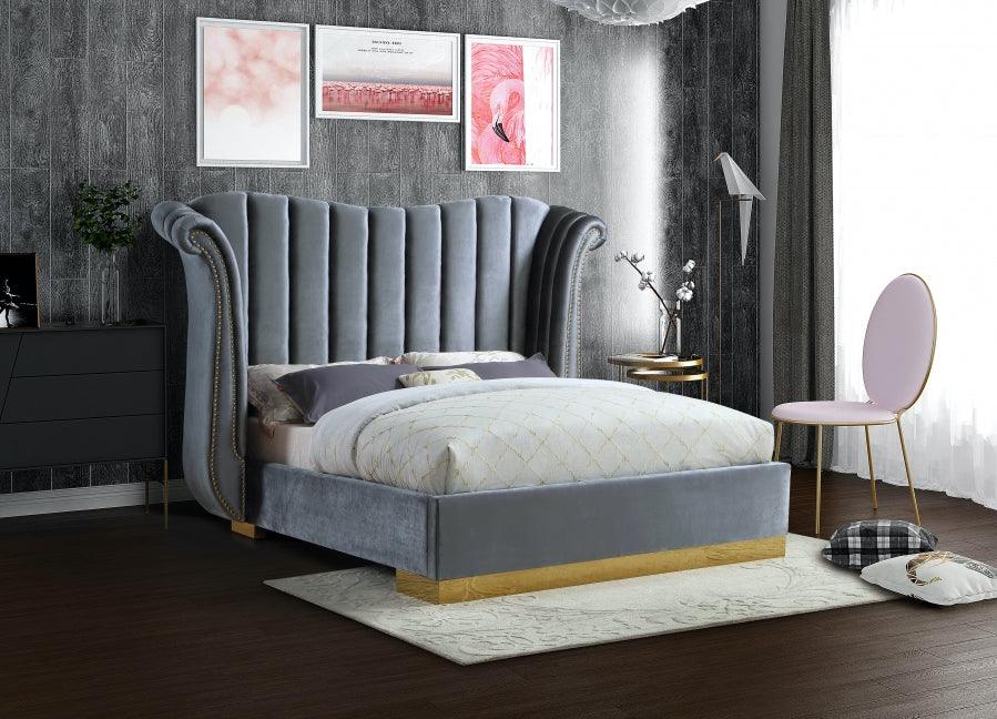 Meridian Furniture - Flora Velvet King Bed In Grey - Floragrey-K