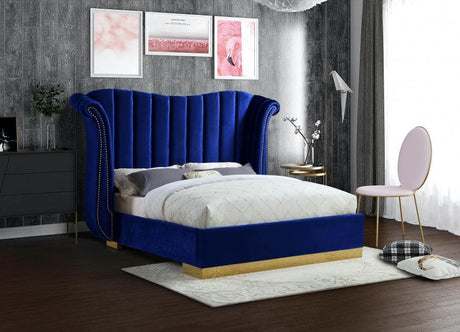 Meridian Furniture - Flora Velvet Queen Bed In Navy - Floranavy-Q