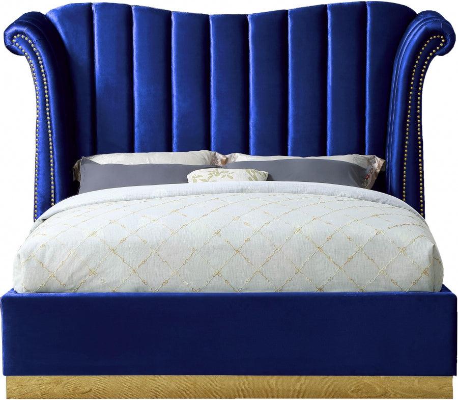 Meridian Furniture - Flora Velvet Queen Bed In Navy - Floranavy-Q