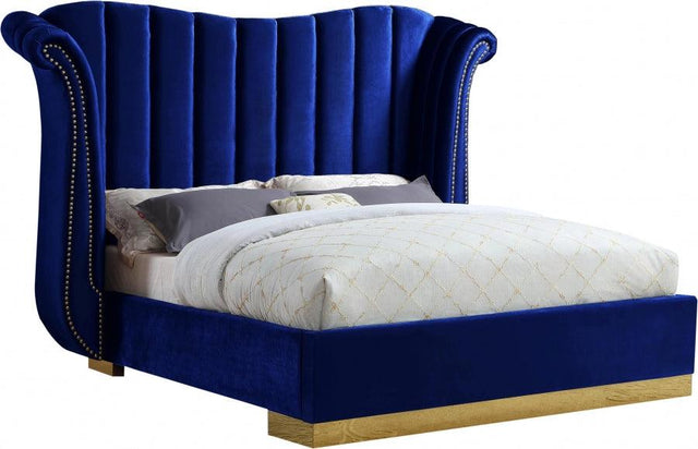 Meridian Furniture - Flora Velvet Queen Bed In Navy - Floranavy-Q