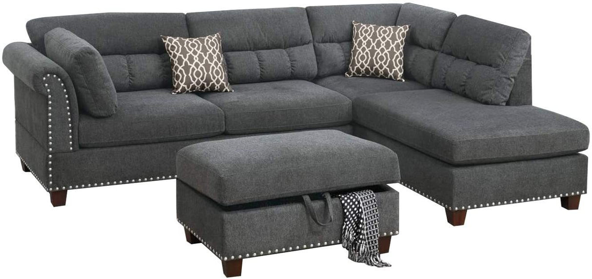 Sectional sofa Slate Color Velvet Fabric Reversible Chaise Sofa Sectional w Pillows Cocktail Storage Ottoman 3pc Set - Home Elegance USA