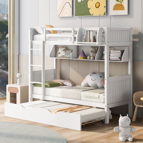 Twin-Over-Twin Bunk Bed with Twin size Trundle , Separable Bunk Bed with Bookshelf for Bedroom -White - Home Elegance USA