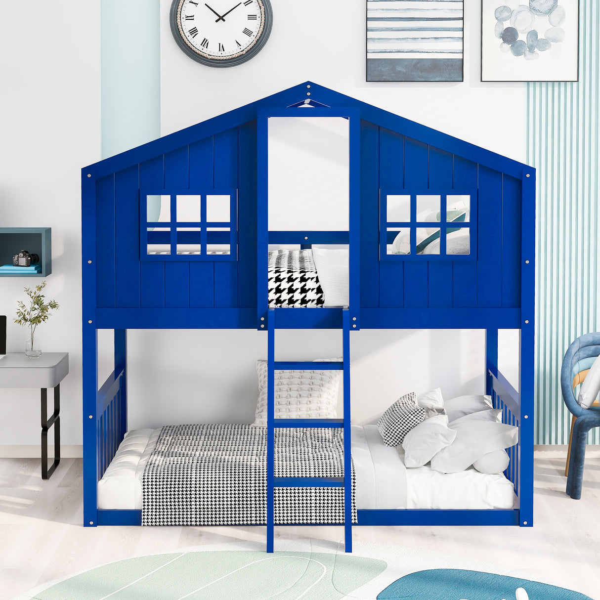 Twin Over Twin House Bunk Bed With Ladder, Wood Bed-Blue - Home Elegance USA