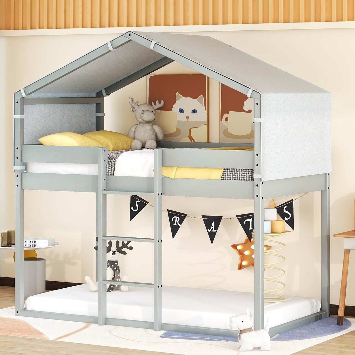 Twin Over Twin Bunk Bed Wood Bed with Tent, Gray - Home Elegance USA