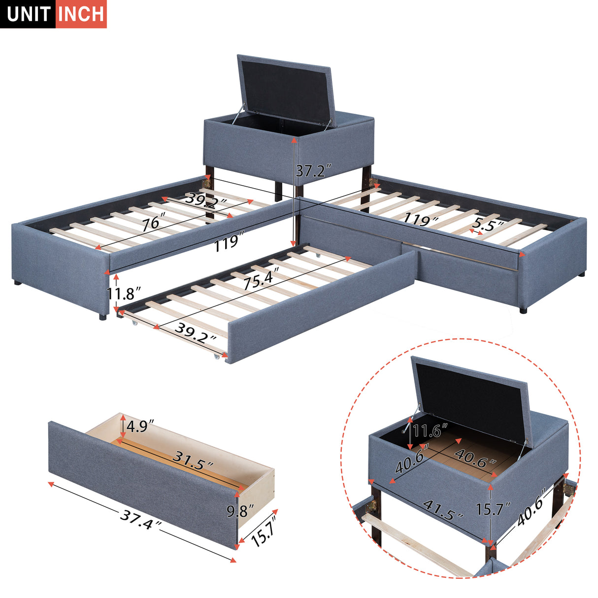 L-shaped Upholstered Platform Bed with Trundle and Two Drawers Linked with built-in Desk,Twin,Gray - Home Elegance USA