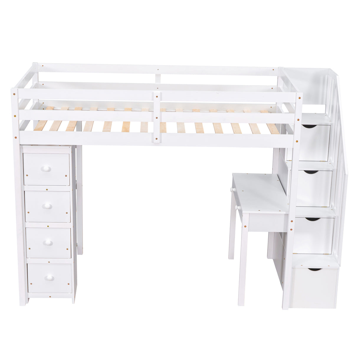 Twin size Loft Bed with Storage Drawers ,Desk and Stairs, Wooden Loft Bed with Shelves - White - Home Elegance USA