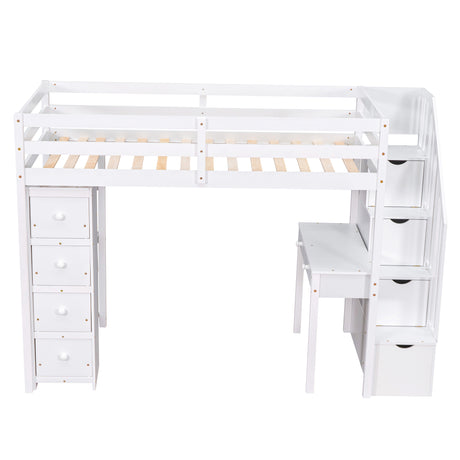 Twin size Loft Bed with Storage Drawers ,Desk and Stairs, Wooden Loft Bed with Shelves - White - Home Elegance USA