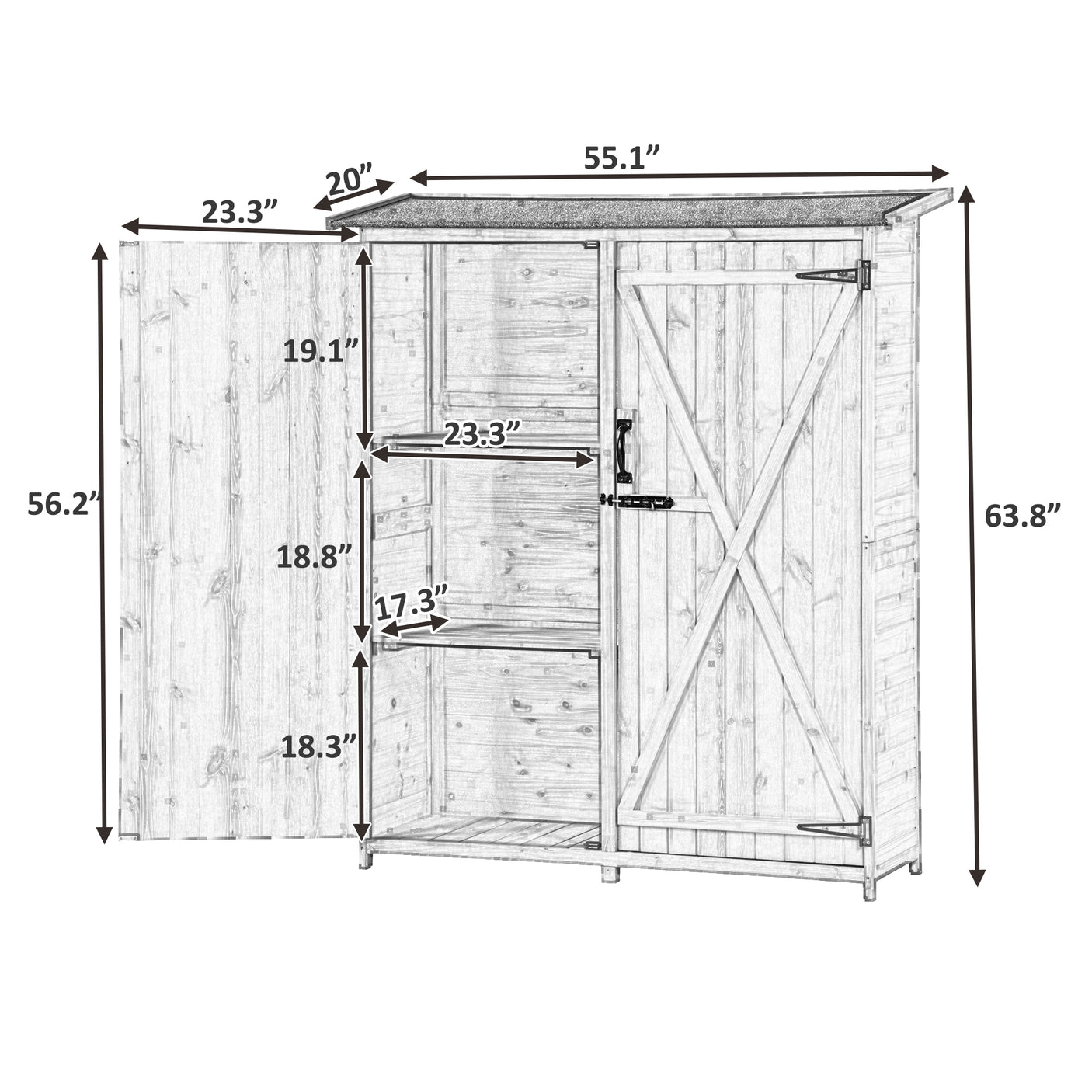 TOPMAX Outdoor 5.3ft Hx4.6ft L Wood Storage Shed Tool Organizer,Garden Shed, Storage Cabinet with Waterproof Asphalt Roof, Double Lockable Doors, 3-tier Shelves for Backyard, Natural