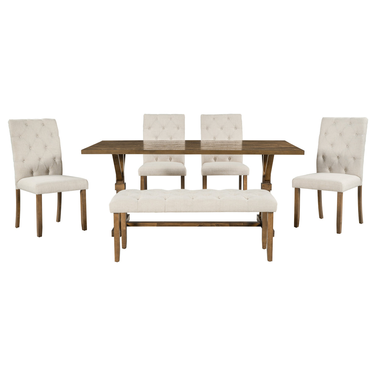 TREXM 6-Piece Farmhouse Dining Table Set 72" Wood Rectangular Table, 4 Upholstered Chairs with Bench (Walnut) - Home Elegance USA