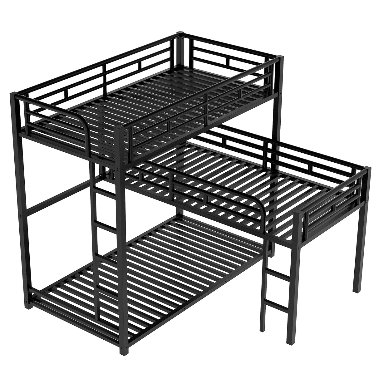 L-shaped Metal Triple Twin Size Bunk Bed, Black(OLD SKU:SM000605AAB) - Home Elegance USA