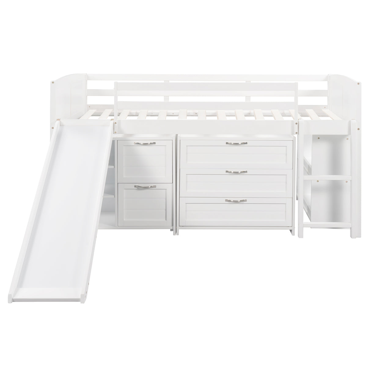 Low Twin Size Loft Bed with Cabinets, Shelves and Slide - White(OLD SKU :LP000503AAK)